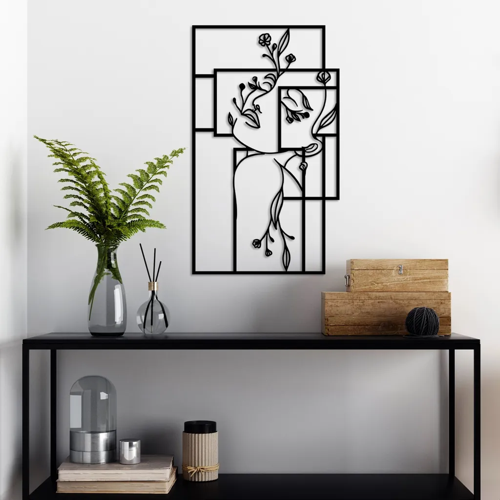 Wallity, Donna fiore 1 - L, Accessorio decorativo da parete in metallo, 100 % METALLO, Nero, 70 x 70 cm