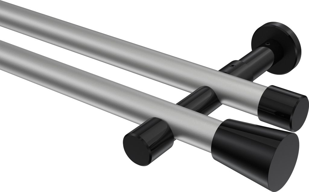 Interdeco Gardinenstange / Vorhangstange Silbergrau / Schwarz, Typ Prestige Sitra (Konus) ohne Ringe, 20 mm Ø 2-läufig, 280 cm