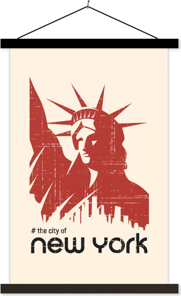 MuchoWow Textilposter New York - Freiheitsstatue - Rot 60x90 cm mit schwarzem Rahmen - Poster Wohnzimmer