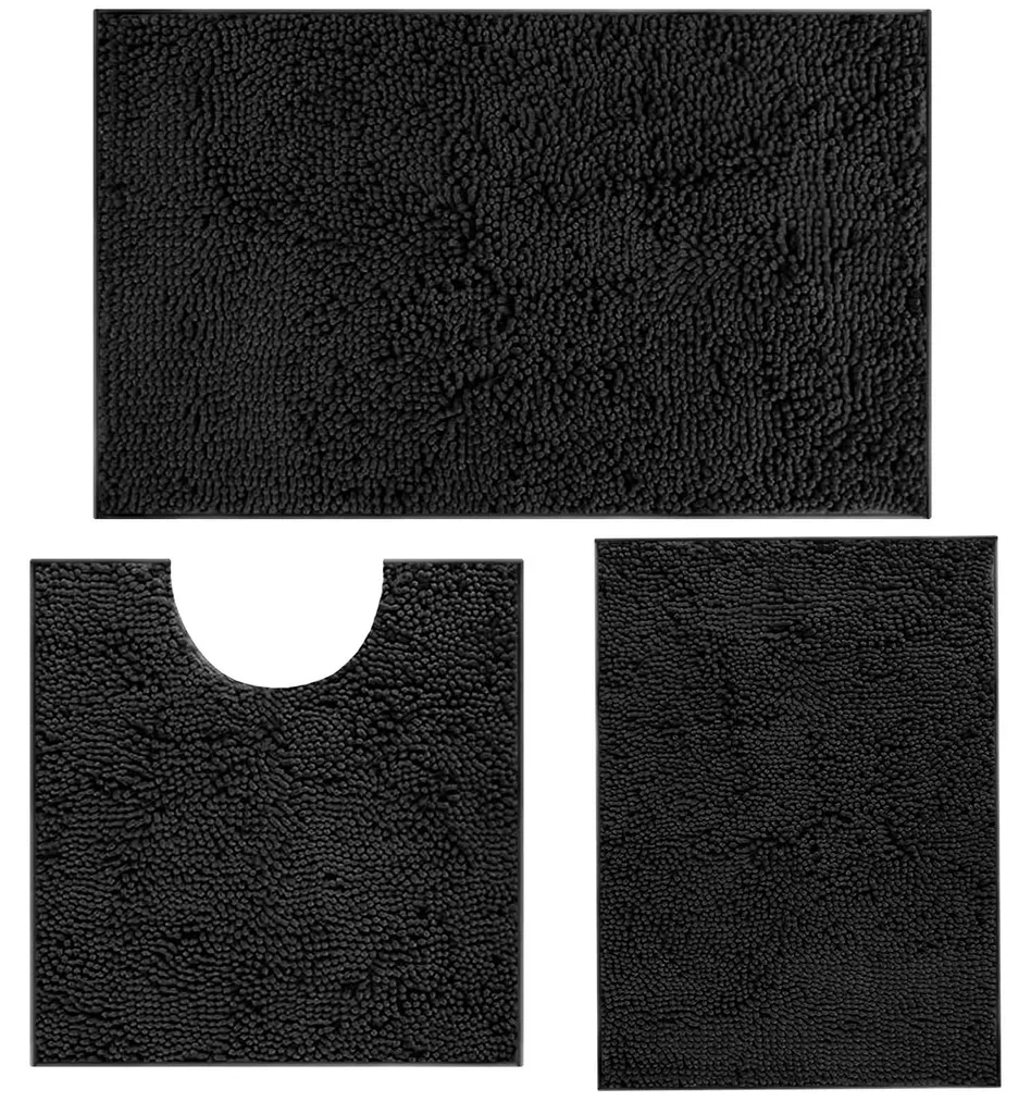 Tapis de bain antidérapant lot de 3 pièces en microfibre chenille noire