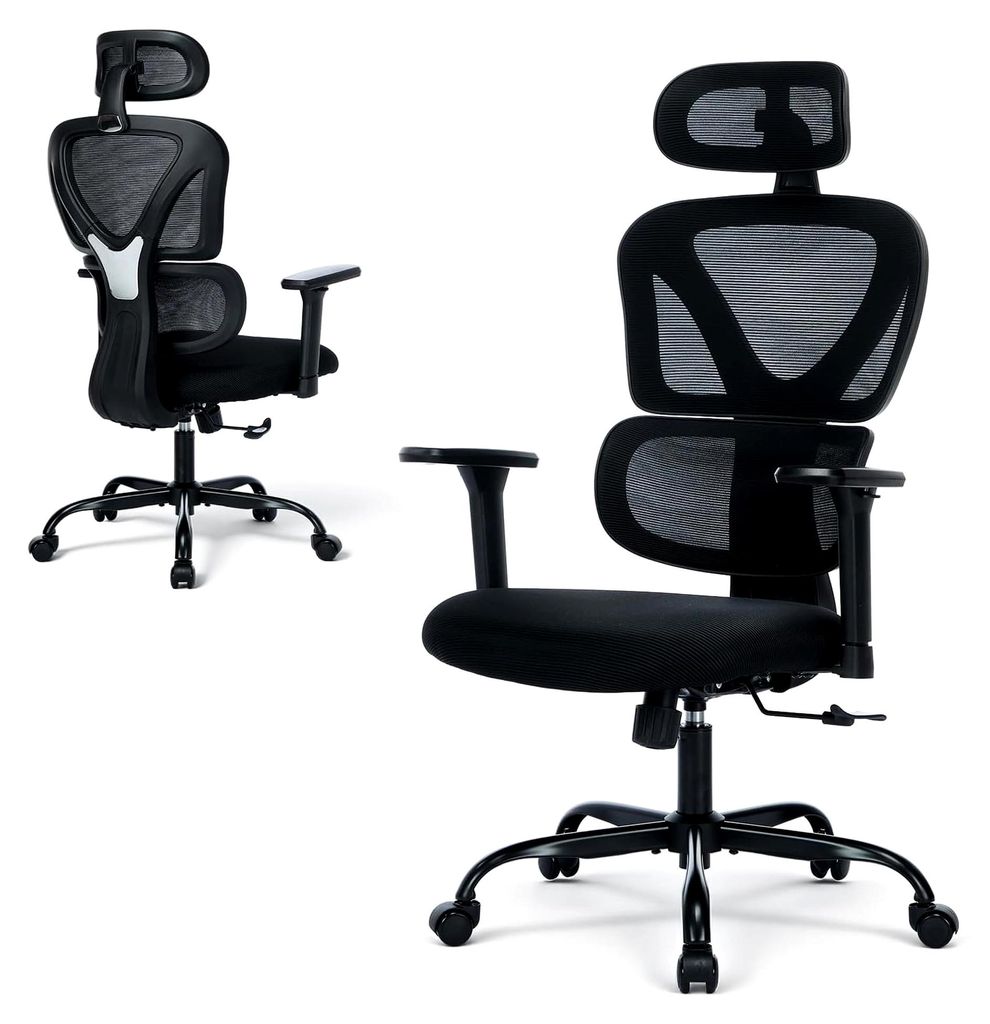 Ergonomischer Bürostuhl – Bequemer Schreibtischstuhl mit 9,5 cm Sitzpolster, 3D-Armlehnen, verstellbarer Kopfstütze, für Büro, Homeoffice und...