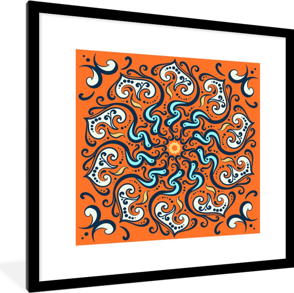 MuchoWow MuchoWow Gerahmtes Poster Mandala - Blätter - Blau - Orange 40x40 cm - Poster mit zchwarzem Bilderrahmen - Poster - Plakat im Rahmen