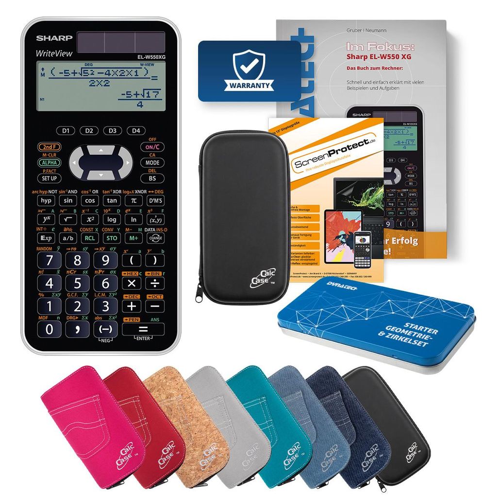 Sharp EL-W550 XG Taschenrechner mit Tasche schwarz, Schutzfolie, Fachbuch & Zirkel Set