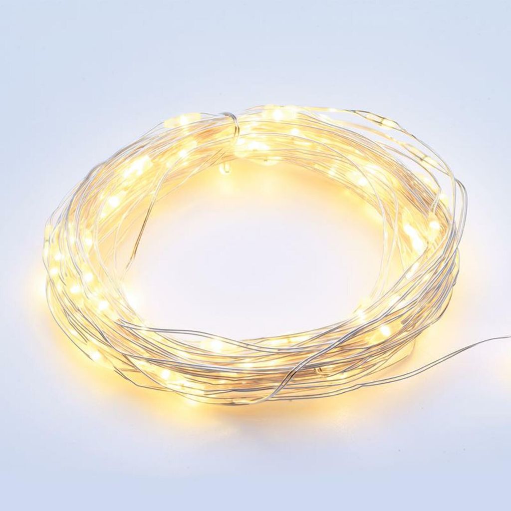 ACA 200-WW-Solar-LED-Kettenleuchte, batteriebetrieben, 8 Funktionen, Silberkabel, Schutzart IP44, 20 m + 2 m, X0420014
