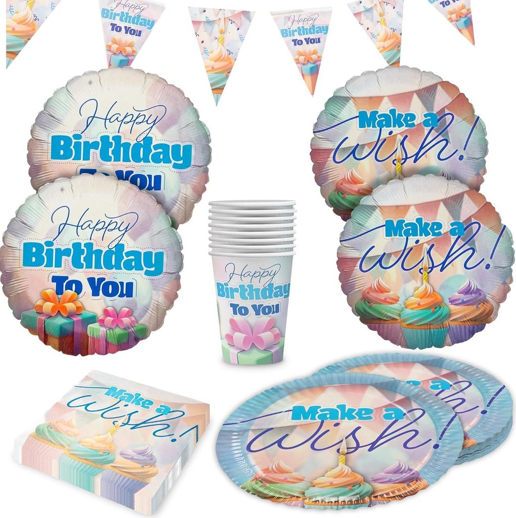 Happy Birthday Pastell – Partyset 41-tlg. mit Tellern, Produktbild 