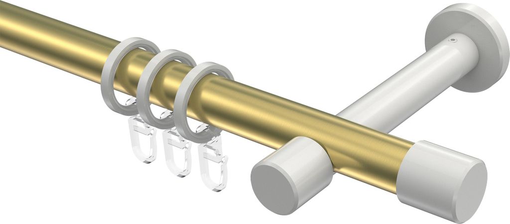 Interdeco Gardinenstange / Vorhangstange Messing-Optik / Weiß, Typ Prestige Santo (Kappe), 20 mm Ø 1-läufig, 200 cm