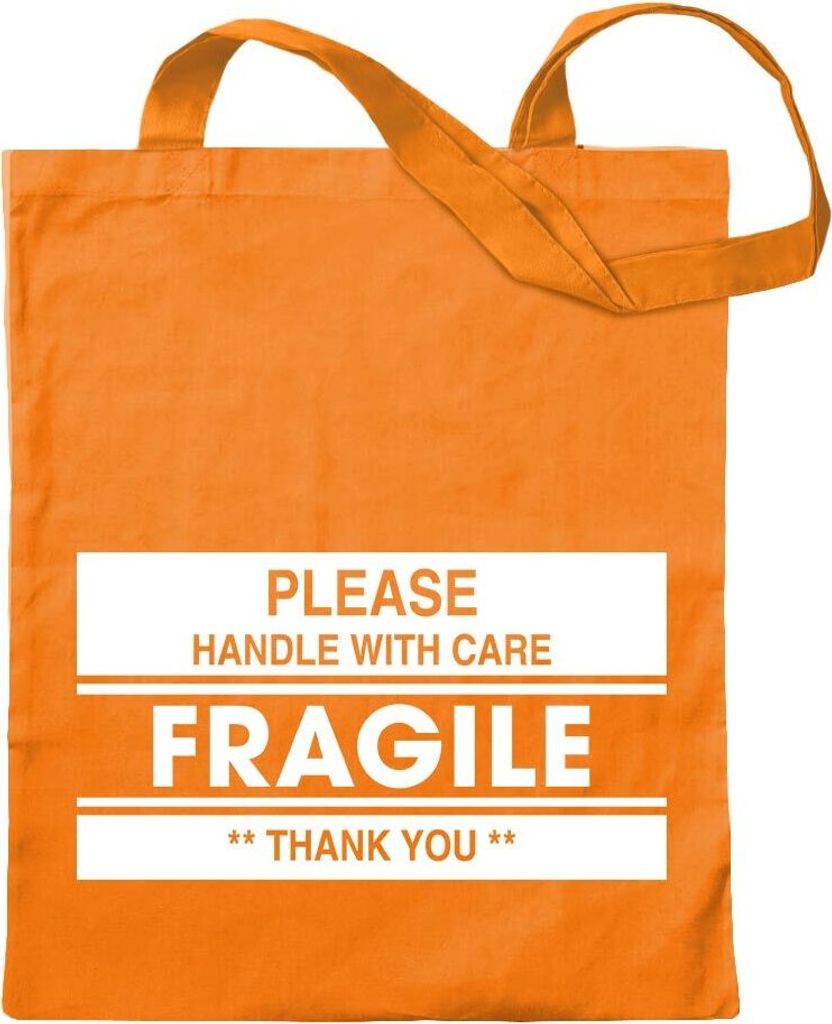 Kiwistar - Baumwolltasche - mandarin - Fragile - Please Handle - Tragetasche Stoffbeutel Umhängetasche Langer Henkel