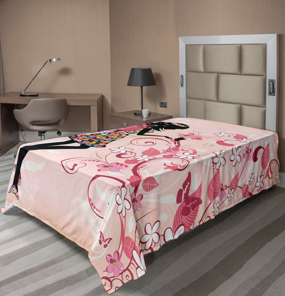 ABAKUHAUS Blumen Bettlaken, Angel Girl Silhouette mit Blooming Regenbogen farbige Blumen auf Pastellrosa-Hintergrund, weiches bequemes oberes Bettl...