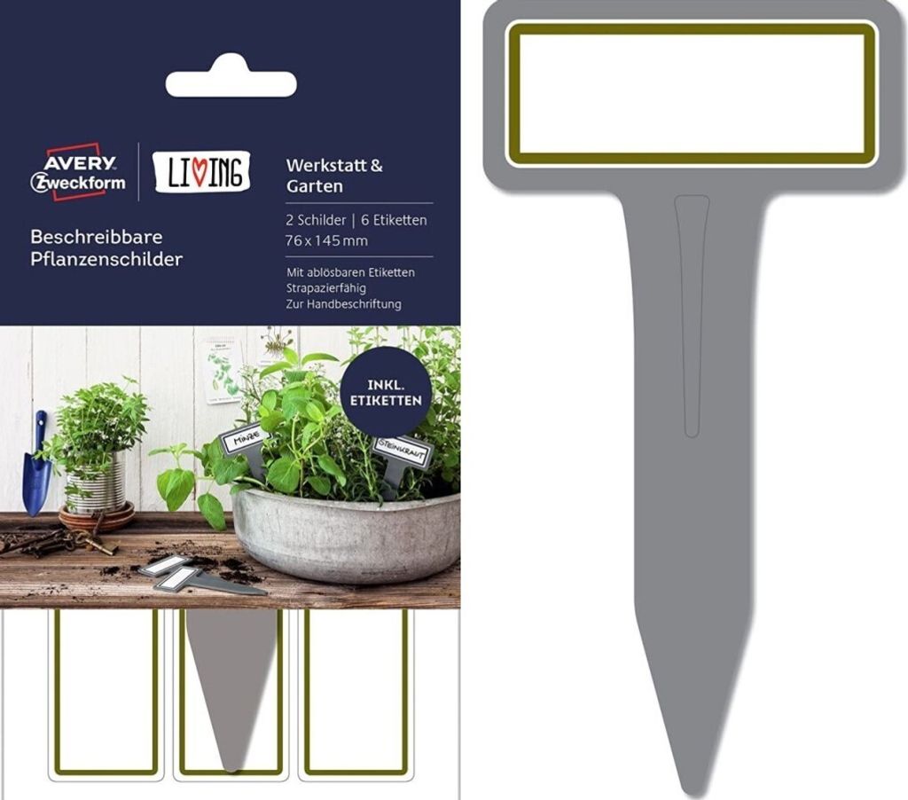 AVERY Zweckform 62028 Living Pflanzenschilder (2 Schilder, 6 Etiketten, beschreibbar, 76 x 145 mm) grau/weiß