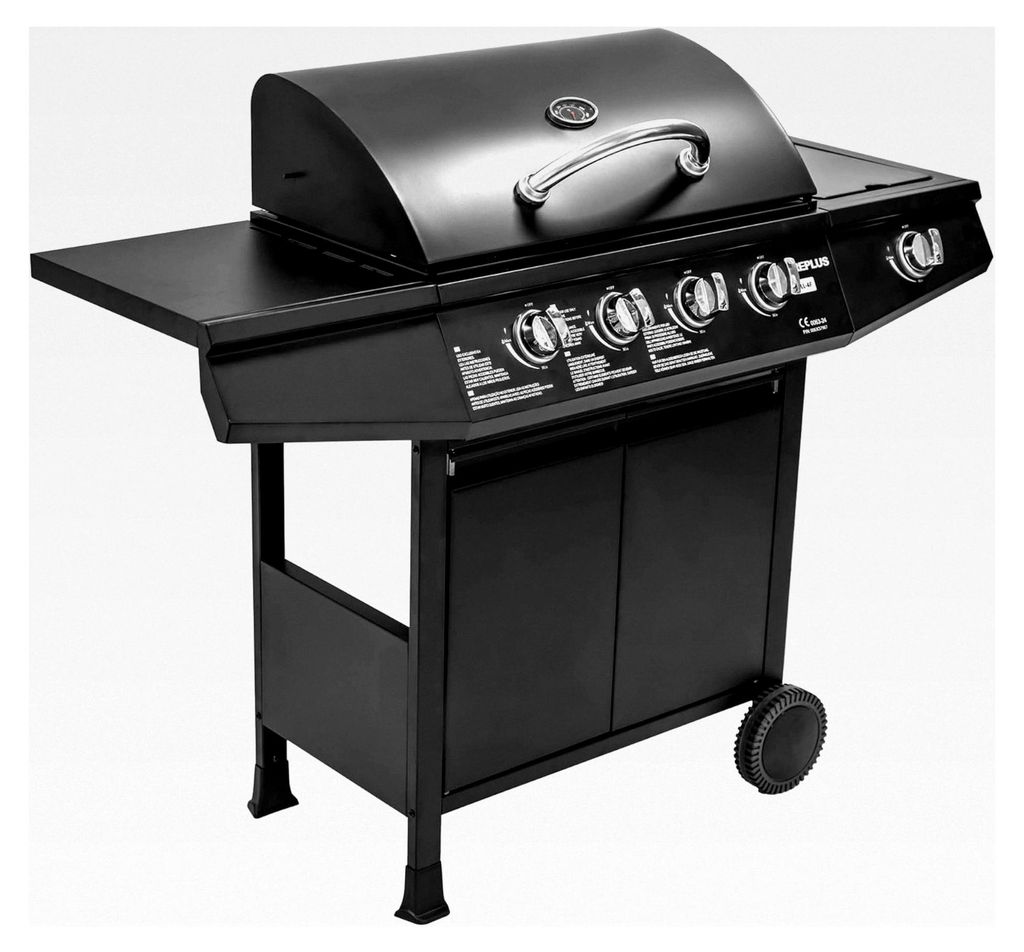 Gasgrill Fireplus 4+1 mit 9,3 kW | Schwarzer Edelstahl | Grillwagen | XXL-Grill mit Wagen und Thermometer | 126x52x103 cm | 5-Brenner und Seitenablage