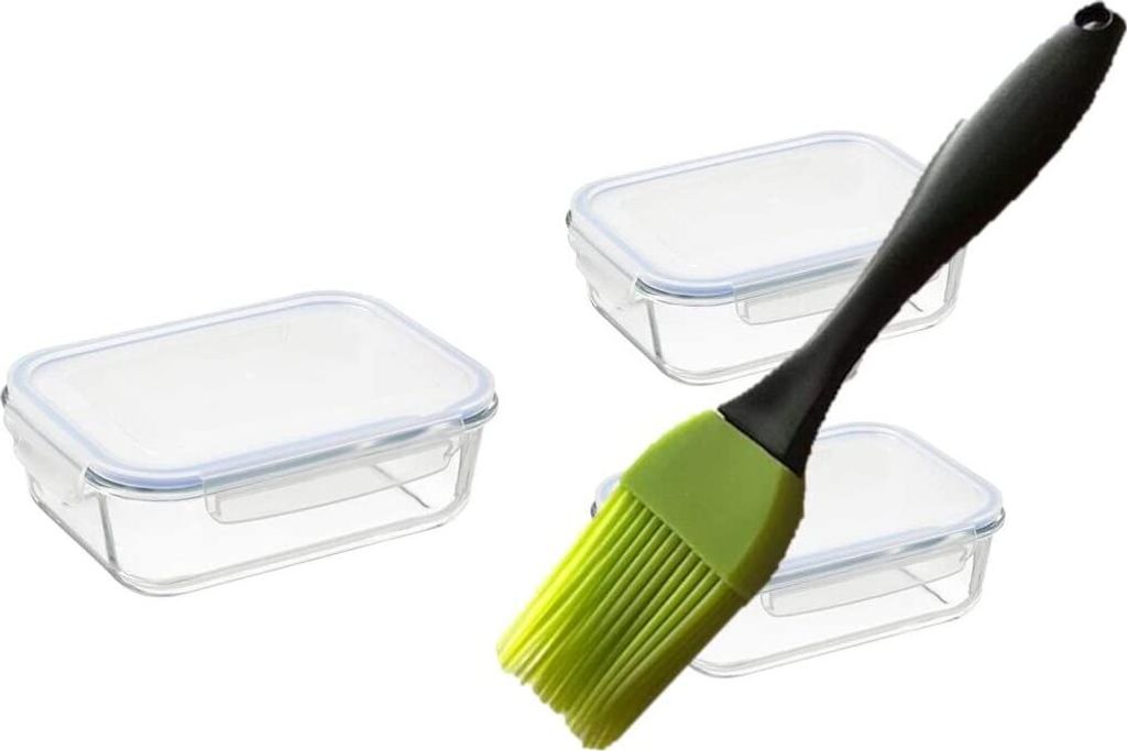 3 Vorratsdosen Set aus Glas. + Silikon Pinsel Länge 17 cm