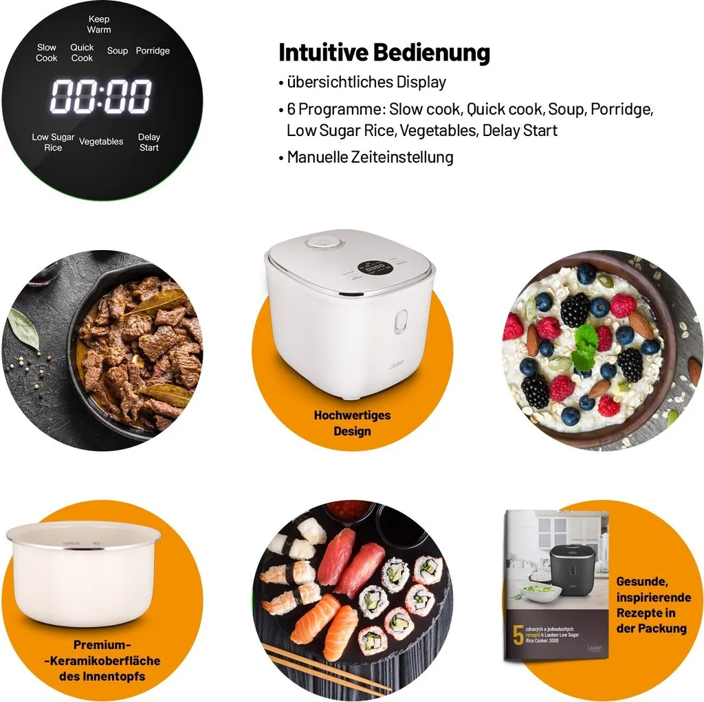 Cuiseur à riz intelligent 3L Lauben - Appareil de cuisson à faible sucre