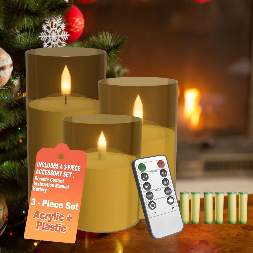 FIVMEN 3er Set Flammenlose LED Kerzen mit Fernbedienung und 6 AA-Batterien,Timer Funktion 300 Stunden flackernde,kabellose Weihnachten Beleuchtung ...