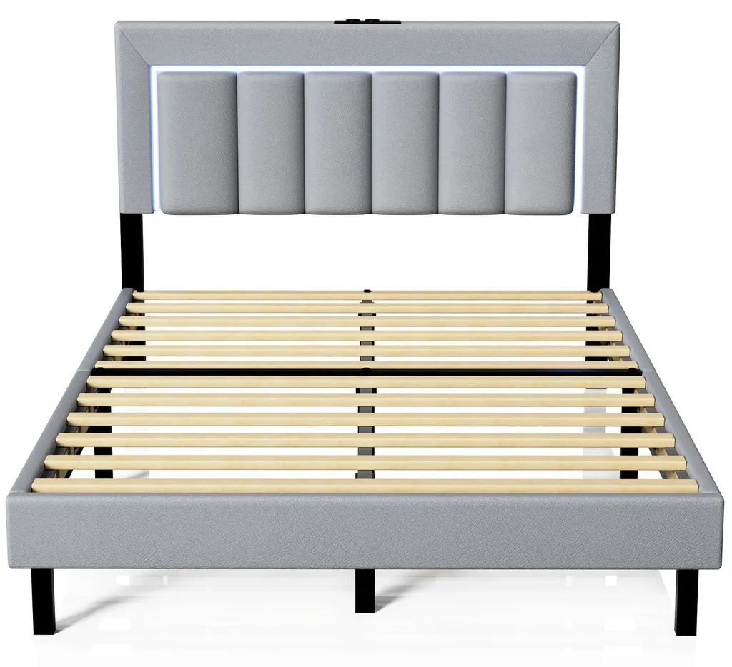 Lit en bois 140x200 avec ports USB et USB-C intégrés, structure robuste