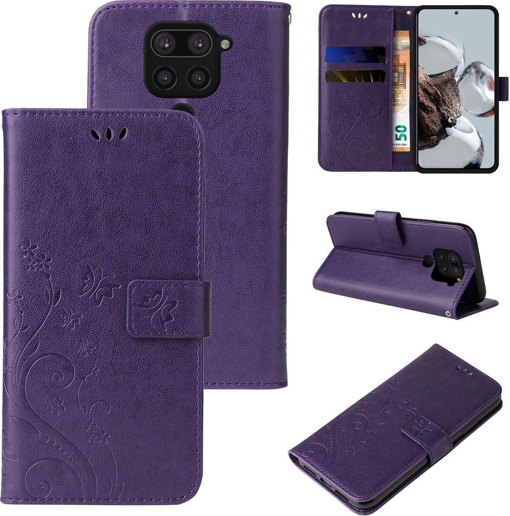 A collage of images showing a purple floral and butterfly embossed flip phone case for a Xiaomi Redmi Note 9.
