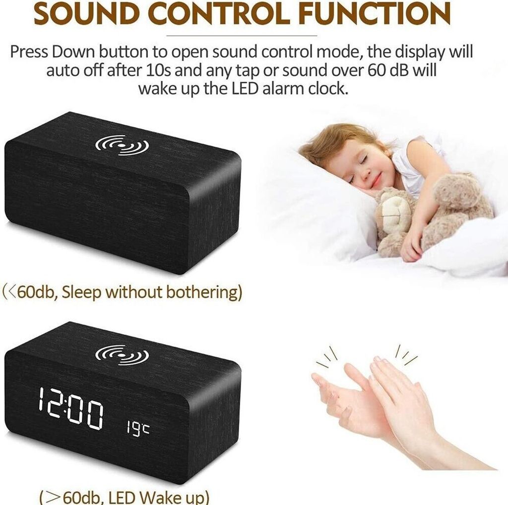 INF Digitaler LED Wecker mit kabellosem Laden - schwarz Produktbild 3