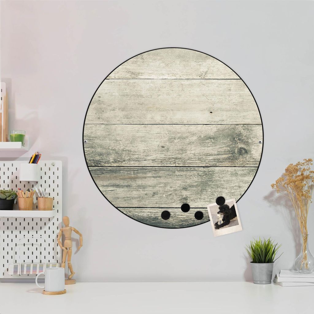 Design Stahlmagnettafel Schwarz Rund 47cm Graue Planken