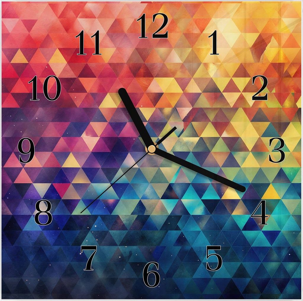 Wanduhr aus Glas mit Motiv Bunte Dreiecke- 30 x 30 cm - inkl. Aufhängesystem