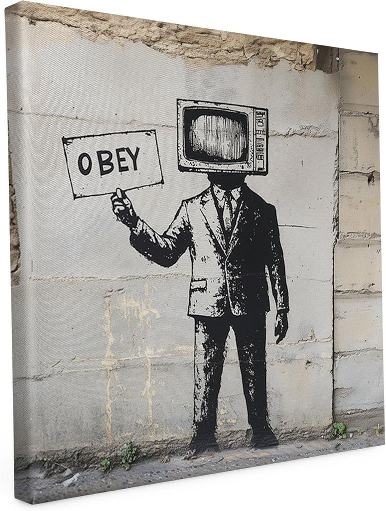 Banksy Motiv - TV Bursche - 40 x 40 cm - Wandbild auf Leinwand - matter Kunstdruck - Graffiti - Street Art - 2cm Holzrahmen - Keilrahmen bedruckt