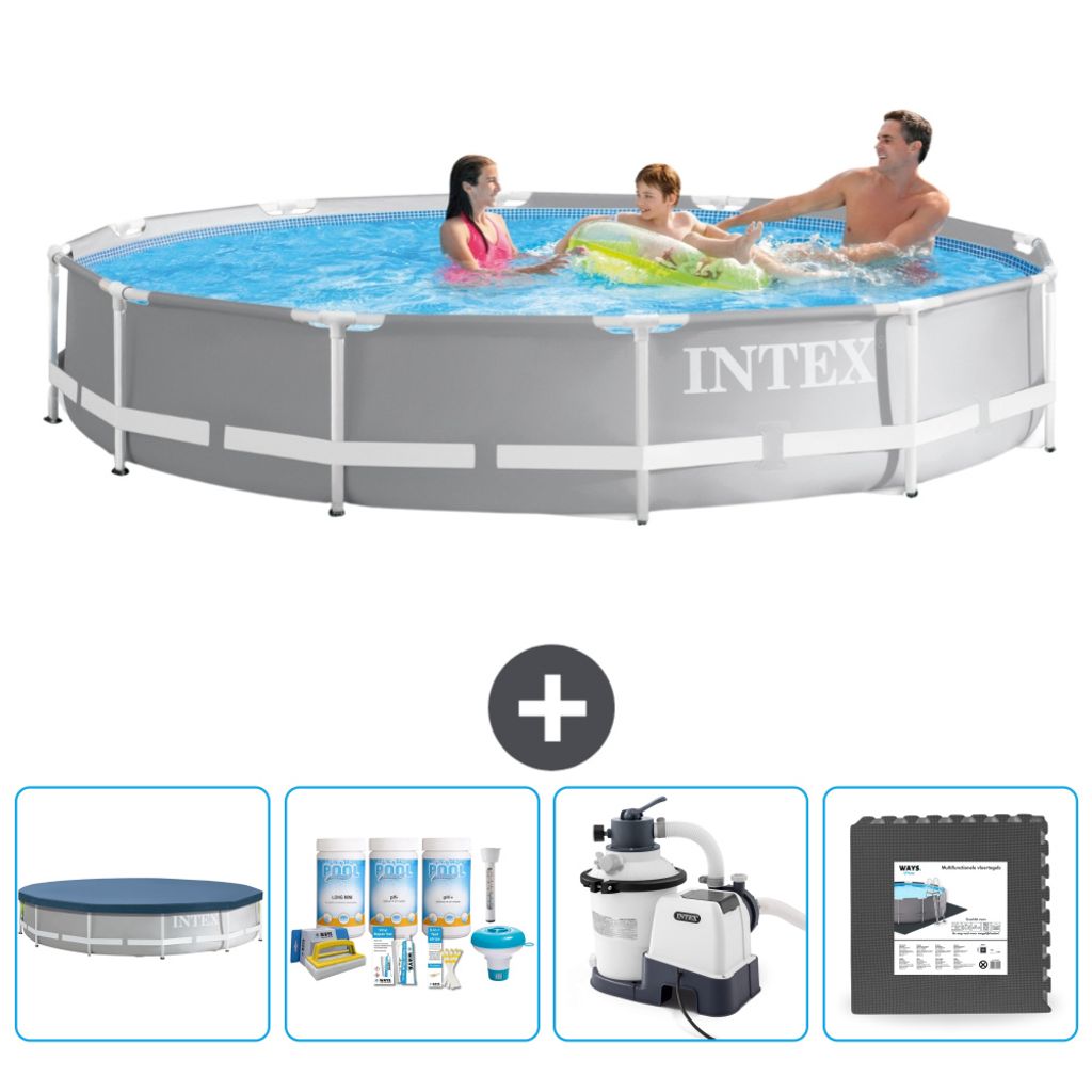 Intex Pool mit rundem Prismenrahmen – 366 x 76 cm – Grau – im Lieferumfang enthalten Abdeckung - Wartungspaket - Filterpumpe für Schwimmbad ...