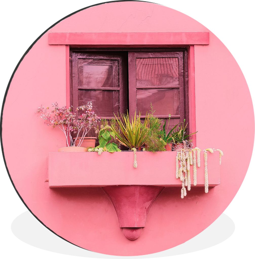 MuchoWow Aluminium Wandkreis Fenster - Pflanzen - Rosa - Pflanzgefäß Ø 90 cm Wanddeko Modern Wohnzimmer - Mauerkreis - Wandbilder - Runde Bild...