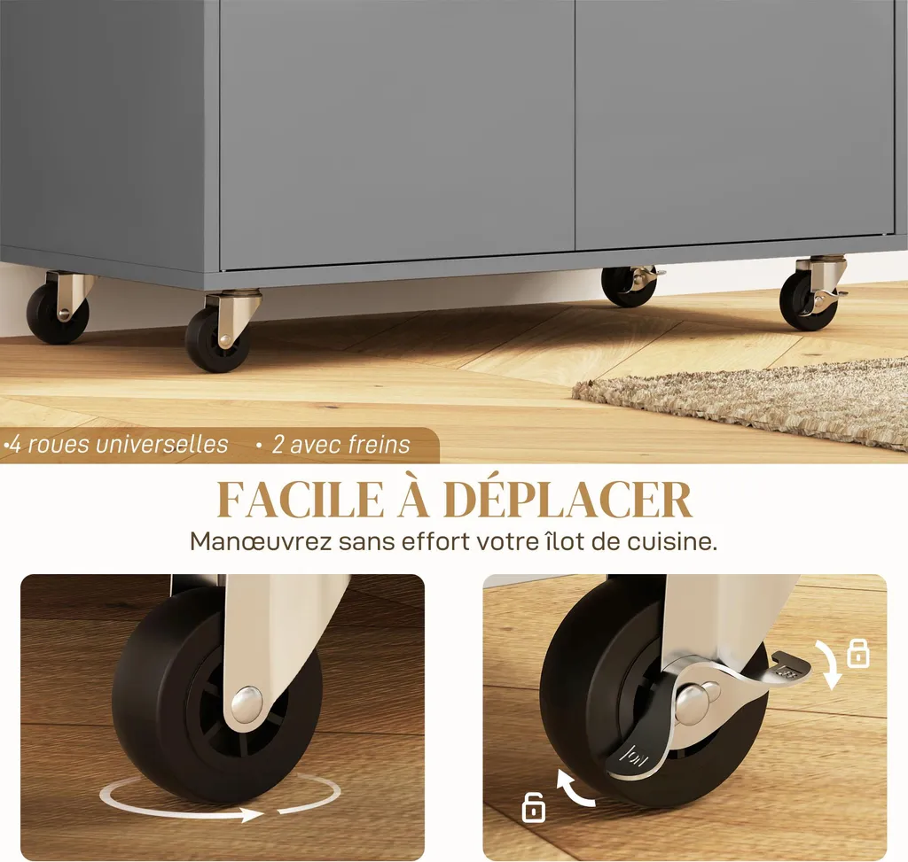 Îlot de cuisine mobile gris avec support épices et étagère ajustable - 9