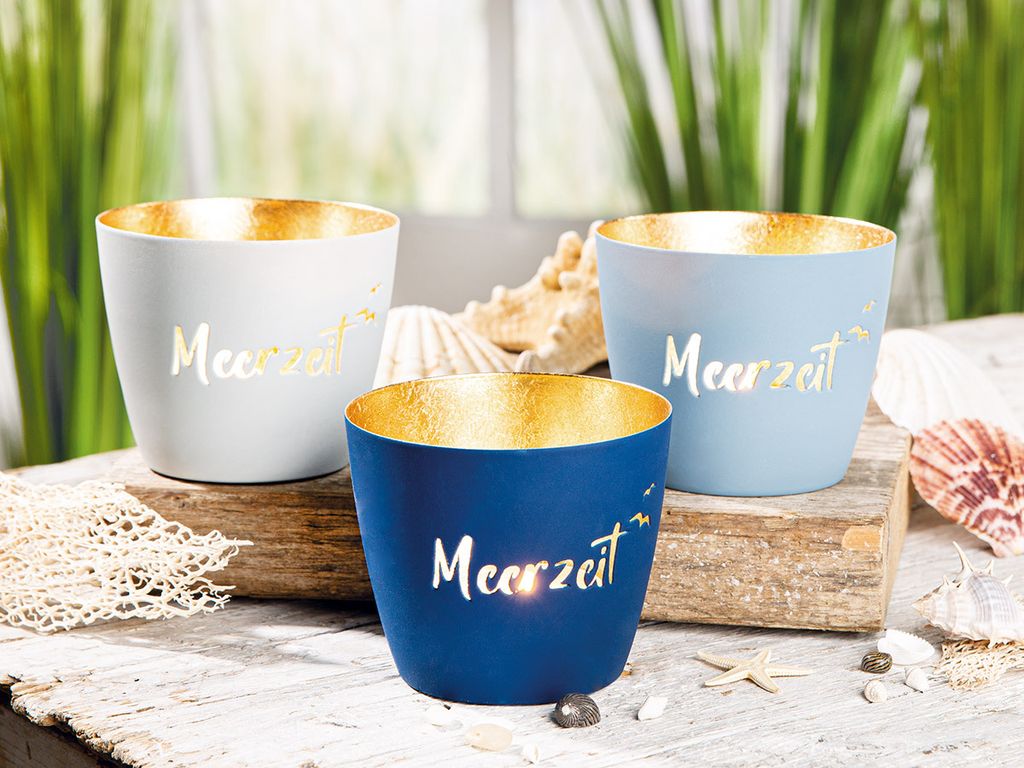 Gilde Windlicht, "Meerzeit", Schriftzug, Metall, blau, Image du produit 