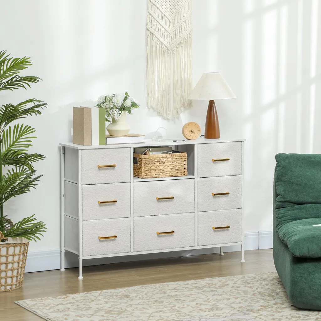 Commode de Rangement en Bouclette avec Prises USB et Type-C Intégrées