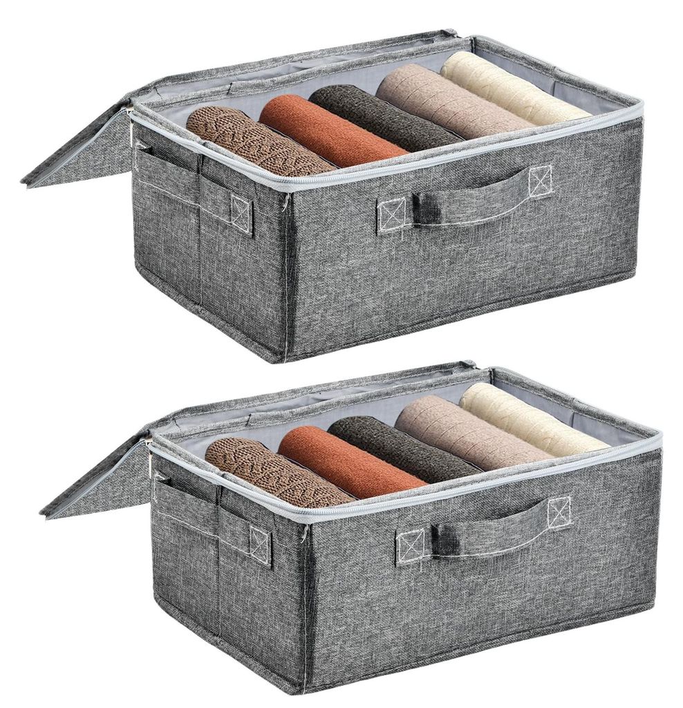 2 graue Aufbewahrungsboxen aus Stoff, Aufbewahrungsbox mit Deckel, große Aufbewahrungsbox für Kleidung, Spielzeug, Schlafzimmerorganisation - 30 ...