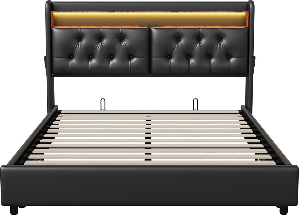 180 x 200 cm großes Bett mit LED-Beleuchtung und USB-Anschluss, Stauraumbett mit Kopfteil und Lattenrost, Doppelbett, PolyurethanBezug, schwarz