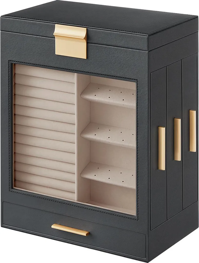 Boîte à bijoux 5 niveaux avec grand miroir - Gris Ardoise Métallisé