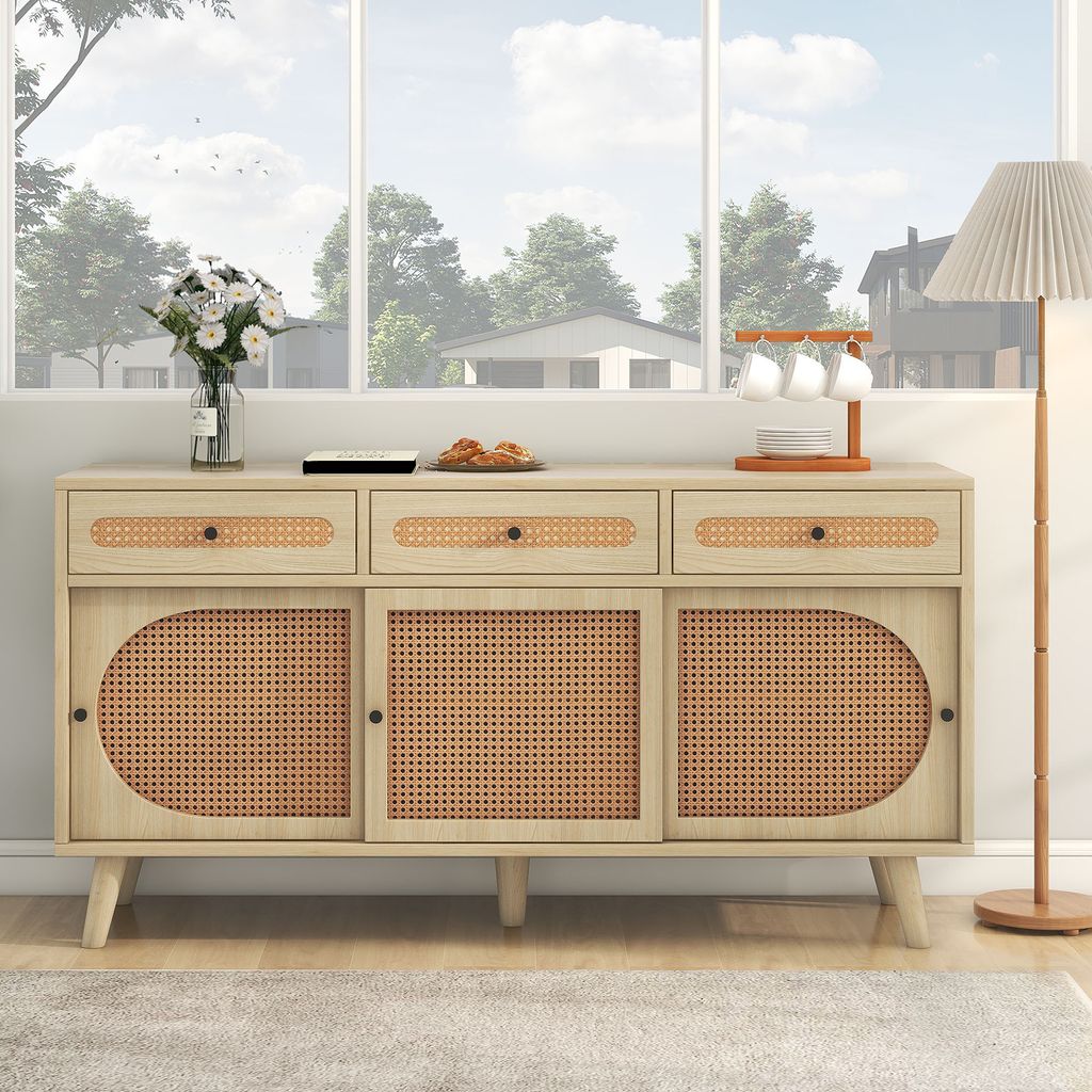 MODFU Kommode Sideboard mit 3 Rattan Schubladen und 3 Schiebetüren, Schrank Buffet PE-Kunststoff-Rattantür für Wohnzimmer, Schlafzimmer, Kinderz...