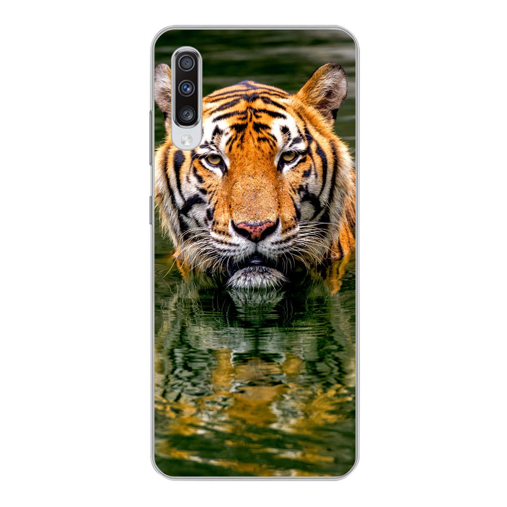 MuchoWow Handyhülle Schutzhülle Hülle für Samsung Galaxy A70 Tiger - Wasser - Spiegelung Silikon Softcase Handy Hülle - Schutzhaube