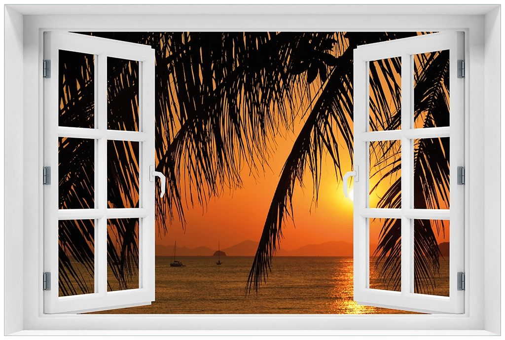 Wallario Premium Glasbild mit Fensterrahmen, freischwebende Optik, kräftige Farben, Größe 60 x 90 cm Motiv Sonnenuntergang unter Palmenblättern