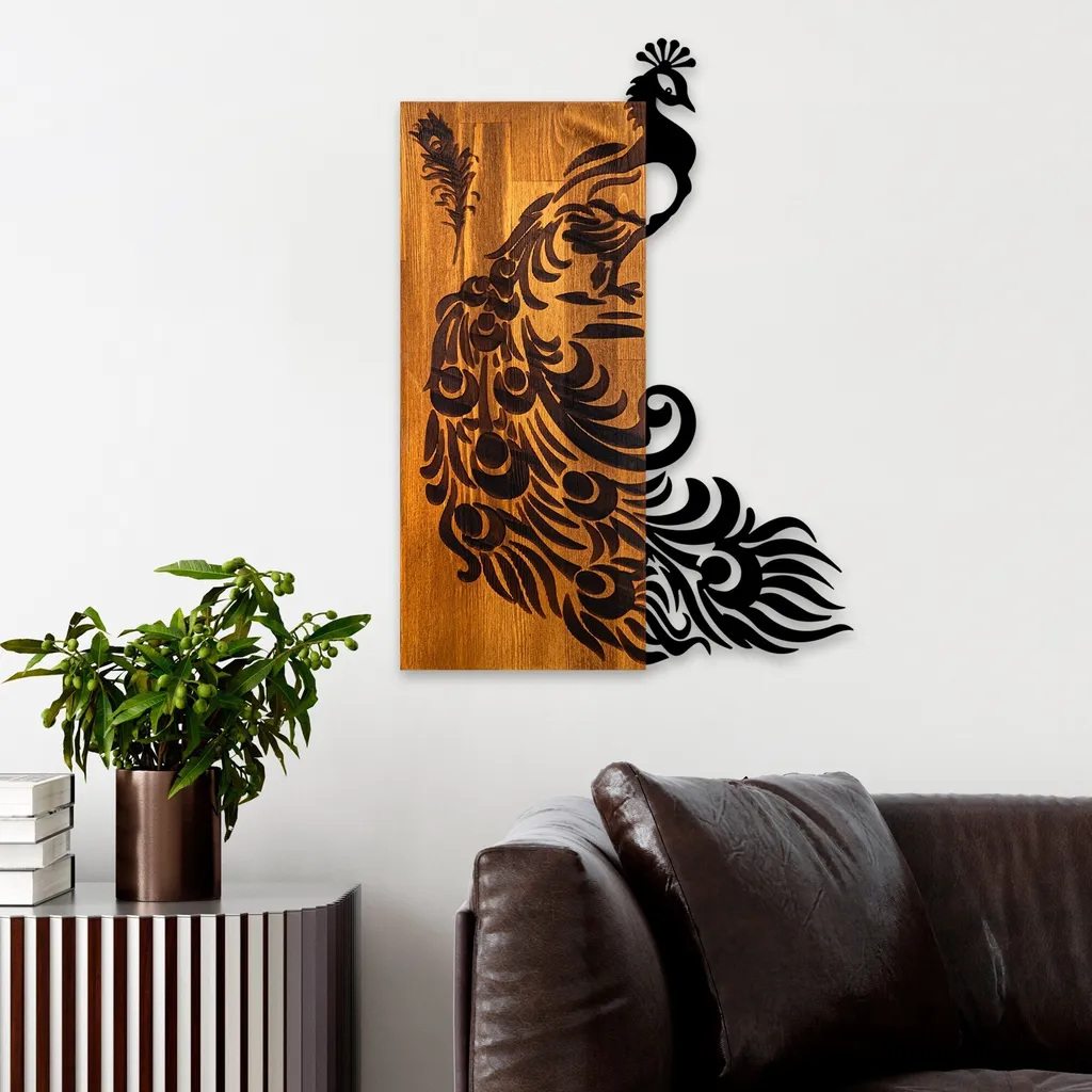 Wallity Peacock Décoration Murale en Bois Noyer et Métal 47 x 65 cm