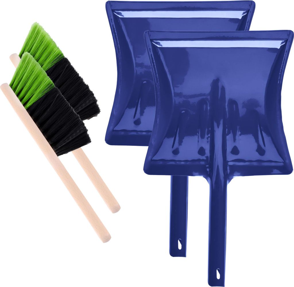 Garronda 2 Stück Kehrgarnitur Kehrschaufel Metall mit Holzgriff Set mit Handbesen (Schwarz/Grün + Blau)