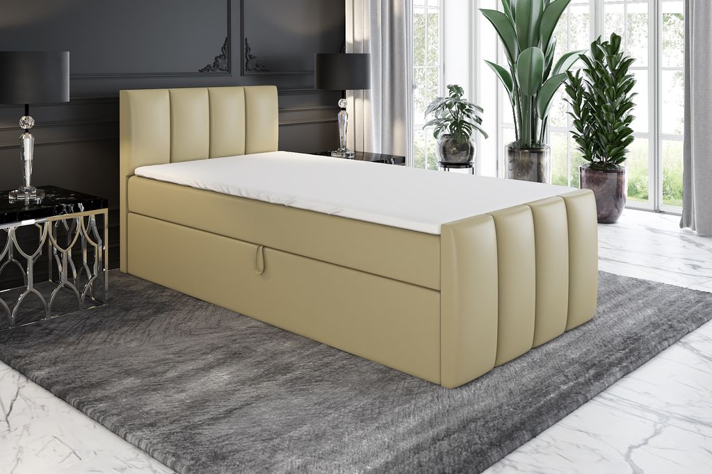 Boxspringbett, Jugendbett FUNI 90x200 (Rechts) mit Bettkästen, Bonell-Matratze und Topper. Farbe: Beige