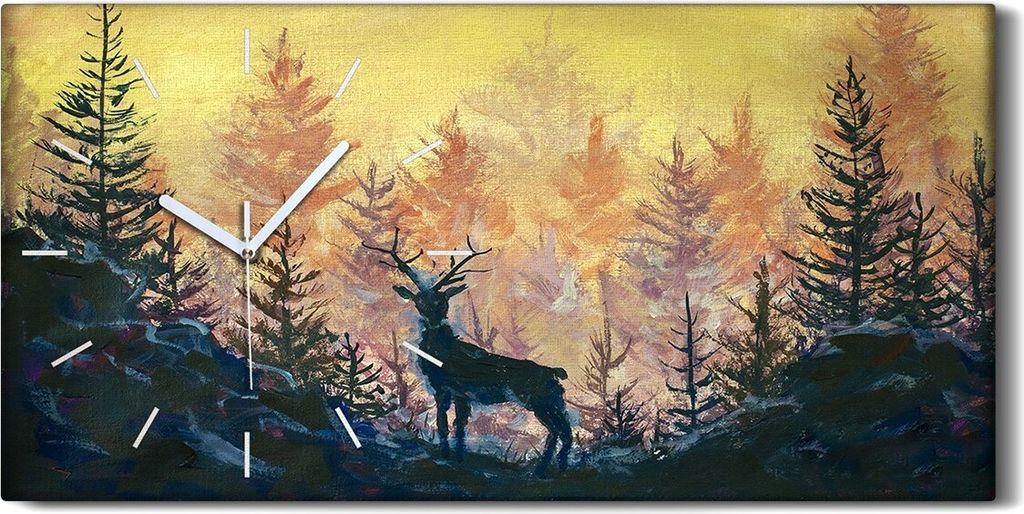 Dekor Leinwand Uhr Wandbilder 60x30 Malerei Wald Bäume Tiere Hirsche Kunst - weiße Hände