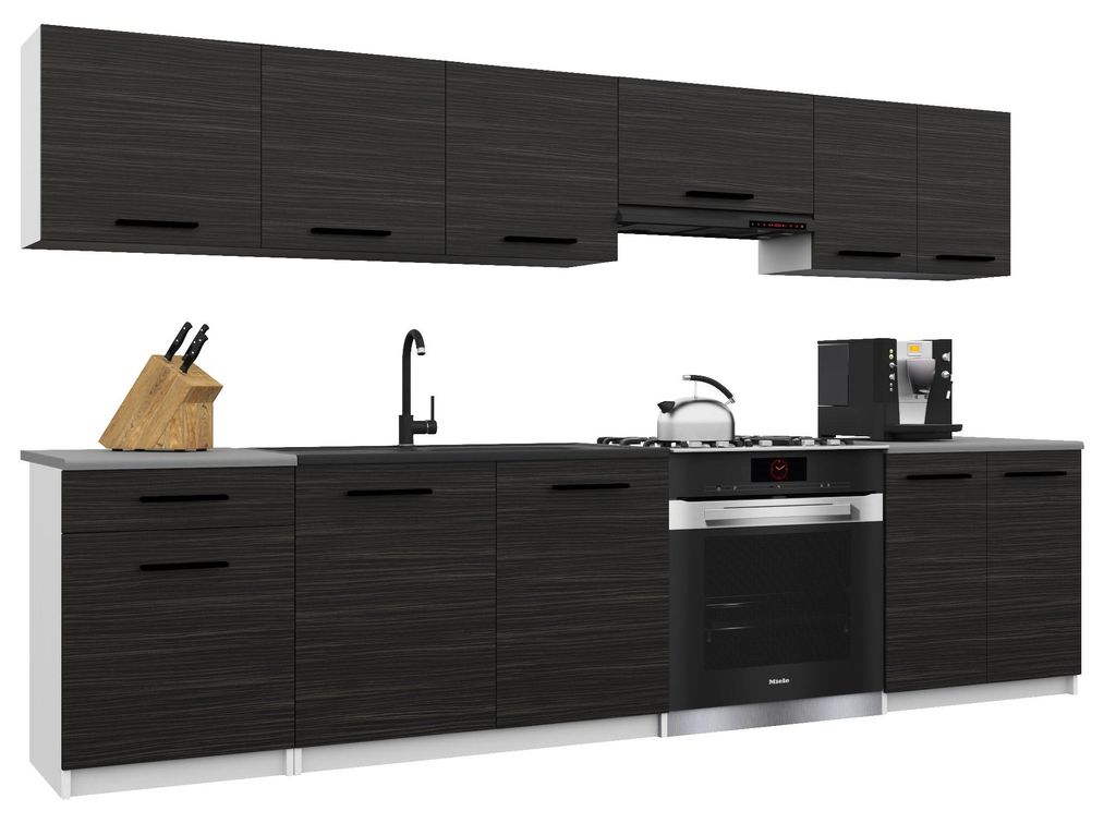 Belini Moderne Küchenzeile Küchenblock ITALIA 2 - Küchenmöbel 240cm Ebenholz - Einbauküche mit Hängeschränke, Unterschränke & Arbeitsplatten