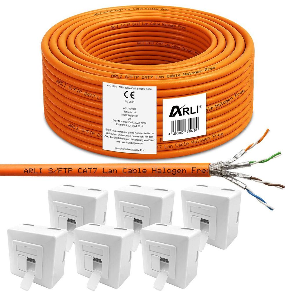 ARLI 100 m Cat7 Verlegekabel S/FTP LSZH PIMF + 6x Cat6a Netzwerkdose halogenfreies Netzwerkkabel Set