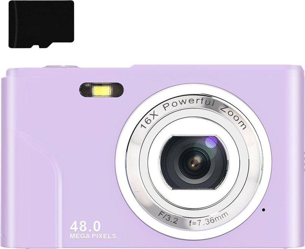 INF Digitalkamera 48MP 16x Zoom, HD-Display, 2.4" IPS-Bildschirm, 32GB Speicherkarte Violett