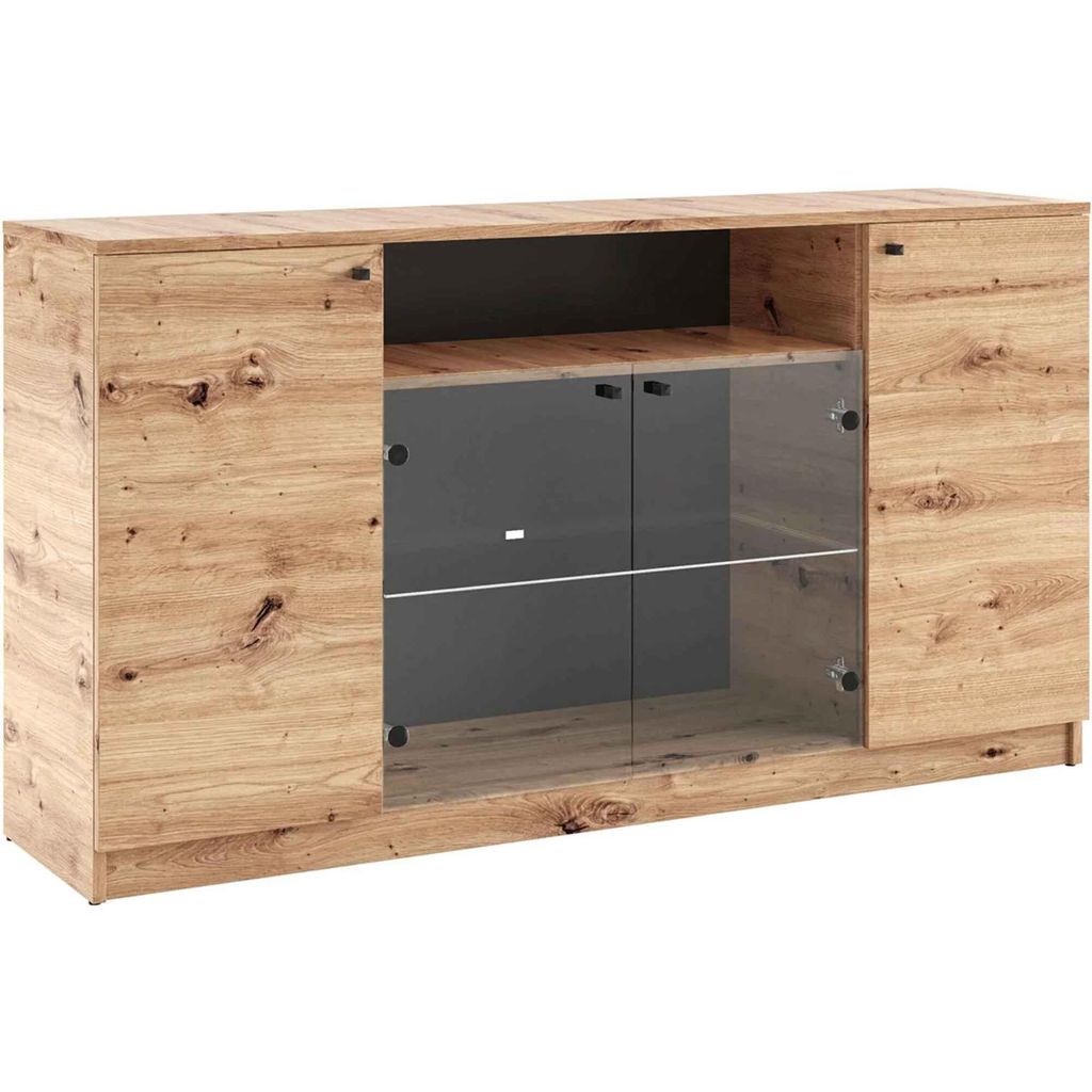 BEAUTYSOFA |Vitrine ELIO E4 160 cm, Sideboard mit 4 Türen und offene Einlegeböde, Standvitrine in Eiche Artisan