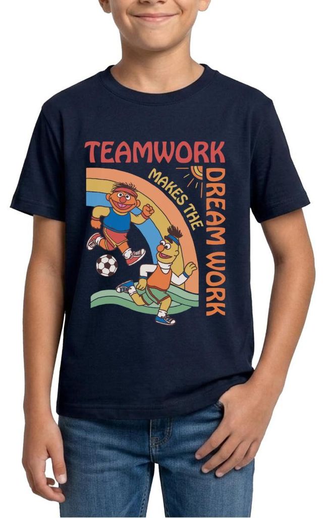 Spreadshirt Sesamstraße Teamwork Makes The Dream Work Mit Ernie Und Bert Teenager T-Shirt, 134/146 (9-11 Jahre), Navy