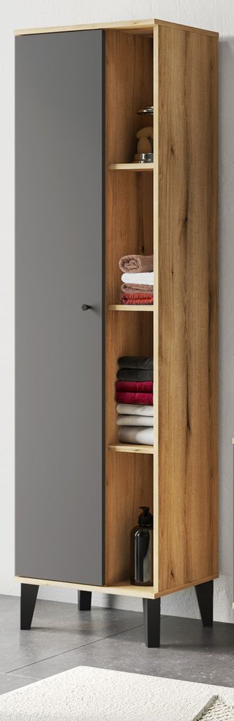 Hochschrank Torsby, Badschrank in Eiche mit matt grau, 51 x 190 cm mit 9 Fächern