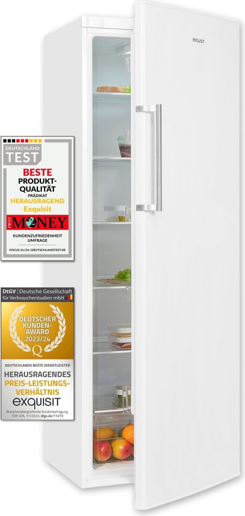 Exquisit Vollraumkühlschrank KS350-V-H-040D weiss | Nutzinhalt: 331 L | 6 Glasablagen | Türanschlag wechselbar | Ohne Gefrierfach