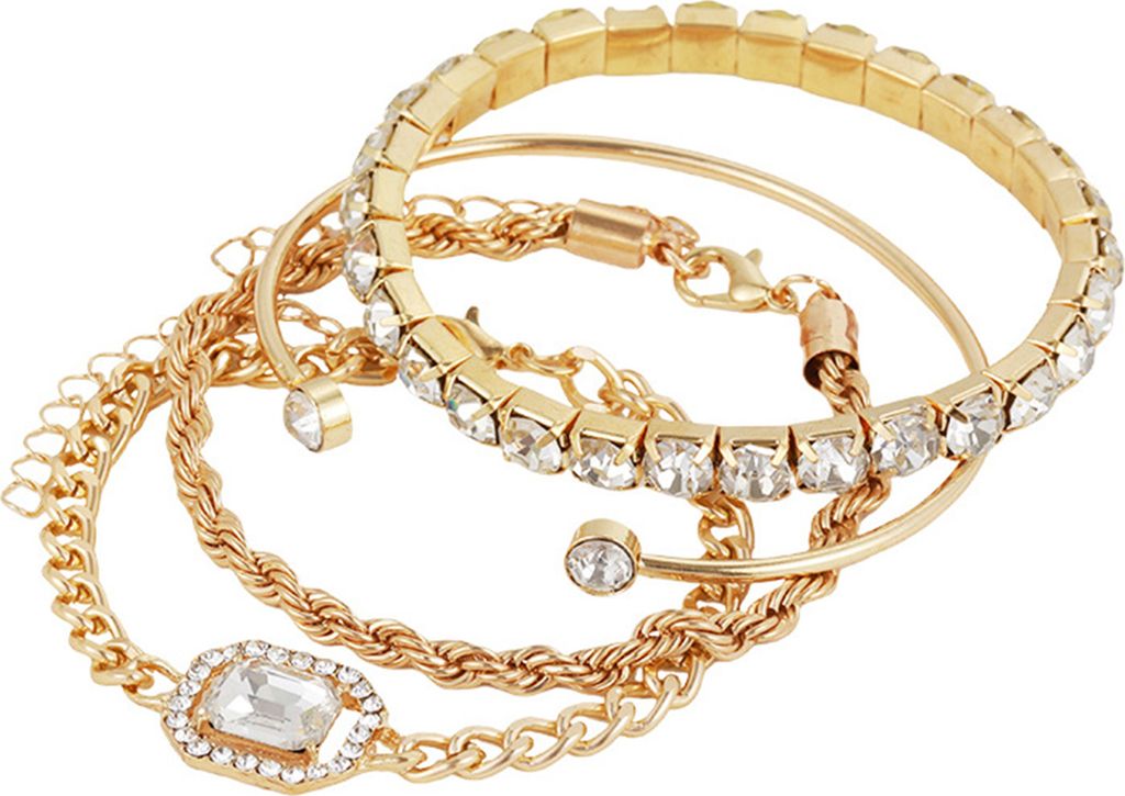 4 Stück Strass-Armbänder für Damen, mehrlagiges, stapelbares Armband, offene Manschette, Wickelarmreif, verstellbares Glied, kubanischer Punk-Sc...