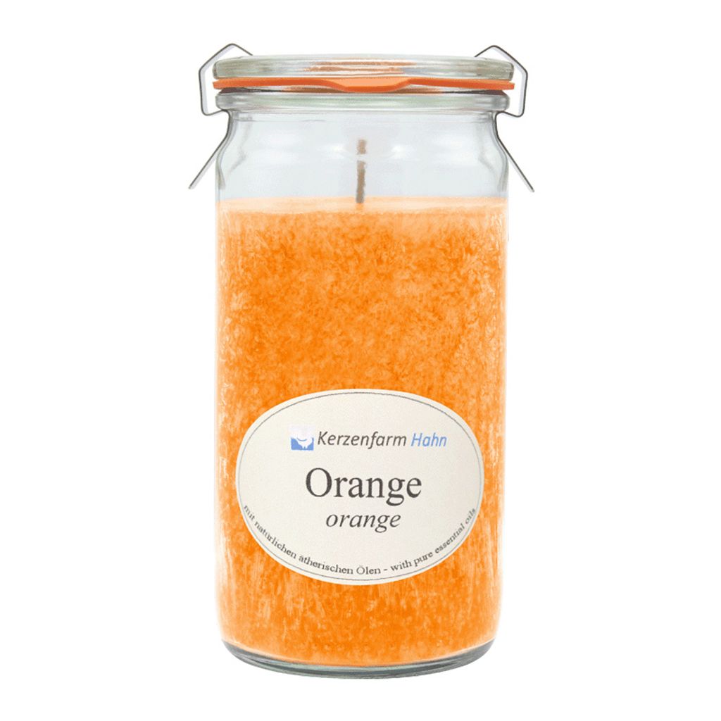 Duftkerze im XL-Weckglas , 100% pflanzliches Stearin, Orange, KERZENFARM HAHN, mit reinen ätherischen Ölen, Brenndauer ca. 40h