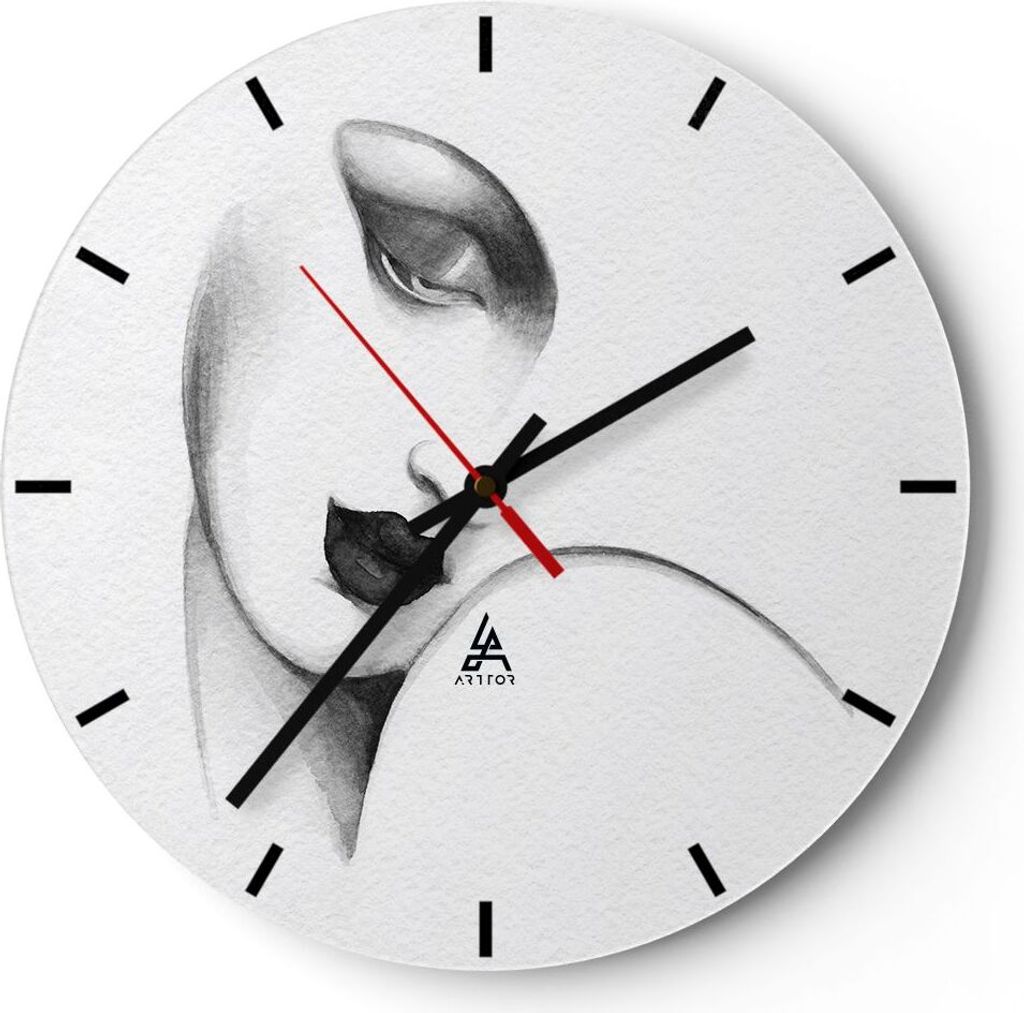 Wanduhr - Rund - Glasuhr - Porträt Frau Skizze - 30x30cm - Schleichendes Uhrwerk - Lautlos - zum Aufhängen bereit - Dekoration Modern - Wanddekor...
