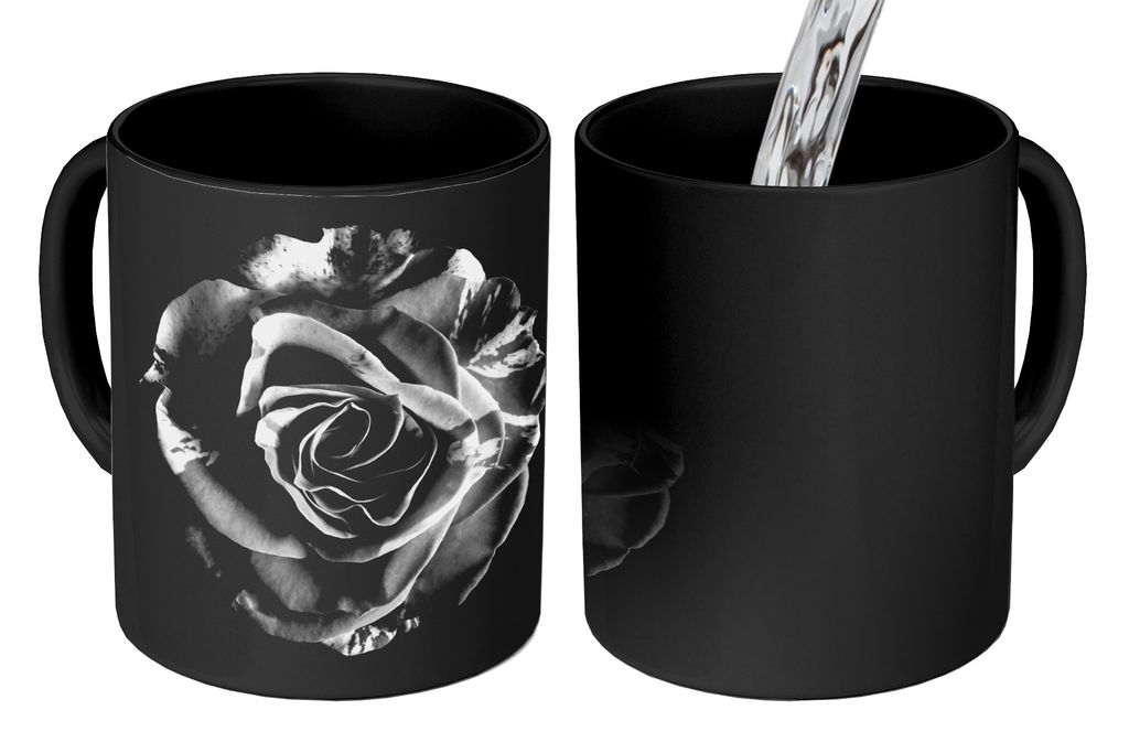 KitchenYeah Zauber Tasse Zaubertasse Magic Blumen - Rose - Schwarz - Weiß - Botanisch 350 ml Farbwechsel Becher Geschenk Geschenkidee - Magic-Ta...