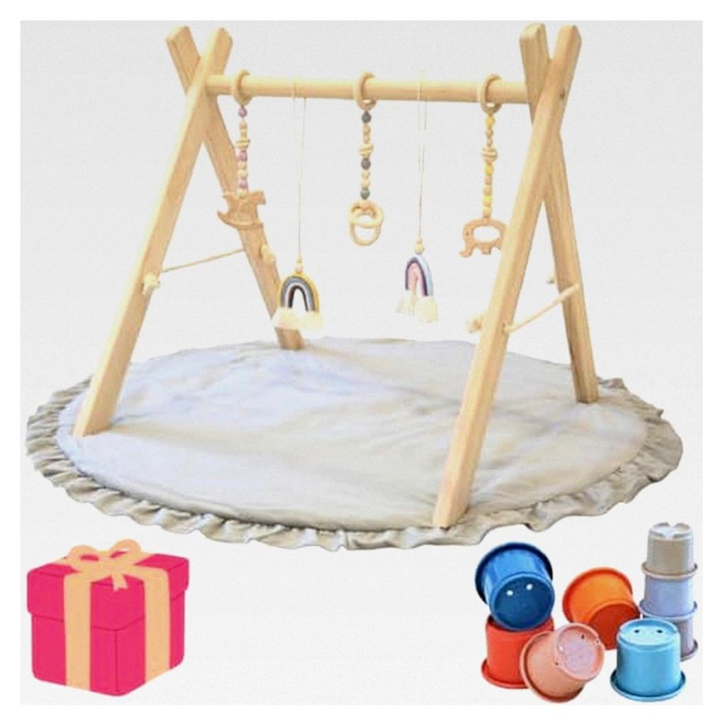 Montessori Spielbogen für Babys aus Holz mit Spielmatte 90 cm – ab 3 Monate, 5 abnehmbare Hängespielzeuge, klappbar, naturbelassen – inkl. St...